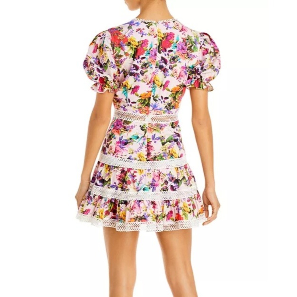 Aqua x Mary Katrantzou Pink Floral Lace Trim Mini Dress Women's Size Medium - Picture 2 of 16